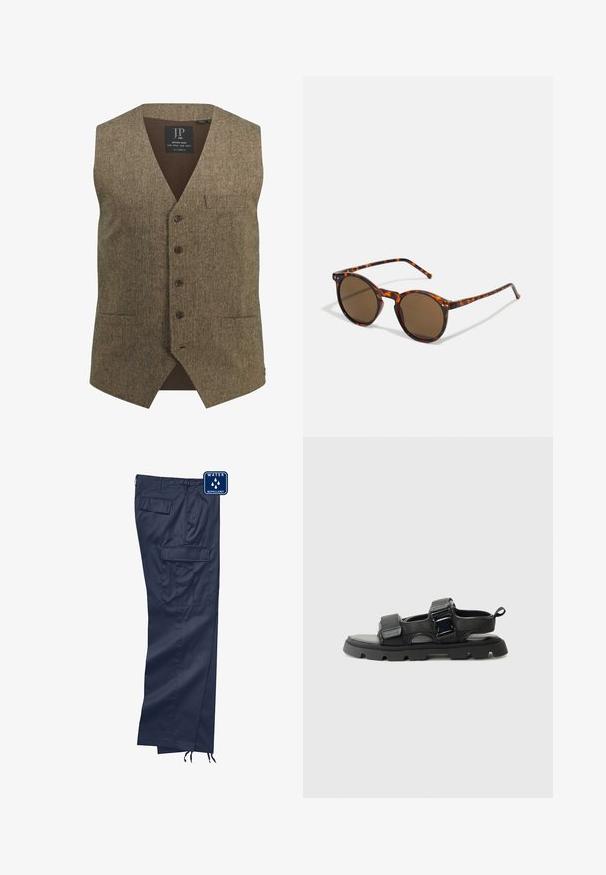 Chaleco de tweed marrón con cuello en V, cinco botones, bolsillo en el pecho y parte baja trasera acanalada. Textura notable y diseño clásico.; Camiseta de algodón negra con cuello redondo, manga corta y un ajuste relajado. Presenta costuras visibles y una textura ligeramente desgastada.; Pantalones cargo en color azul marino, repelentes al agua, confeccionados con tela suave; cuentan con múltiples bolsillos y puños ajustables para un ajuste personalizable.; Sandalias negras con un upper de tela texturizada, tiras anchas, acentos de hebilla metálica y una suela de goma gruesa con un patrón de tacos.; Gafas de sol redondas con montura de Carey's y lentes marrones. Presentan patillas delgadas con ligera textura y acentos metálicos cerca de los lentes.