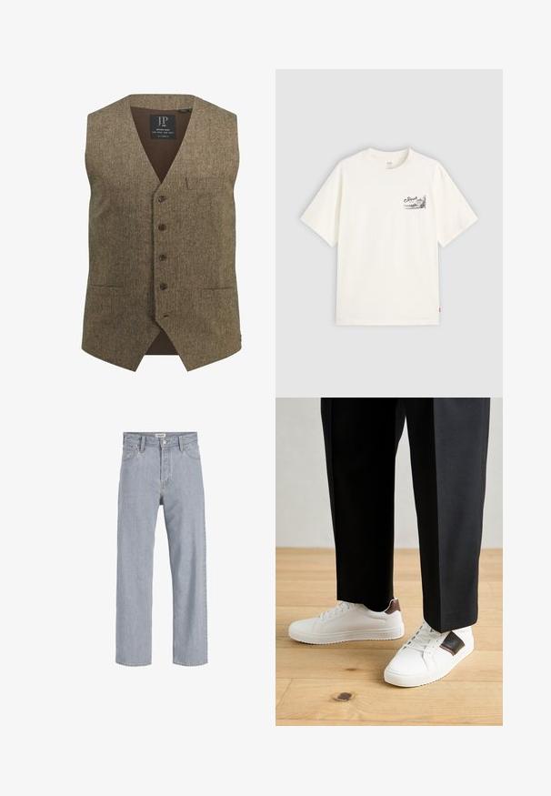 Brown tweed vest with a V-neck, five buttons, single chest pocket, and ribbed lower back. Notable texture and classic design.; White short-sleeve t-shirt made of cotton, featuring a black graphic design on the left chest area with the word "Fresh."; Light blue denim jeans with a relaxed fit, straight leg design, visible stitching, two front pockets, and a button closure.; White sneakers with smooth texture, featuring brown leather accents and black detailing, paired with black tailored pants. Wooden floor background.