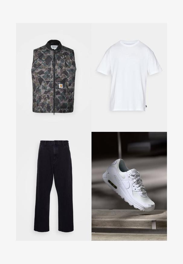 Prešívaná vesta v maskáčovom vzore s odtieňmi zelenej, šedej a čiernej. Obsahuje predný zips a logom označený nápletník na vrecku.; Biela bavlnená tričko s krátkymi rukávmi a okrúhlym výstrihom. Obsahuje malé, jemné logo Nike na hrudi a božnú nálepku.; Čierne džínsy s rovného strihu, ktoré majú zapínanie na gombík a zips, pútka na opasok a minimálne švy.; Biele tenisky Nike Air Max 90 s vrchnou časťou z kože a sieťoviny, perforovanou špičkou a viditeľnou vzduchovou jednotkou v päte.