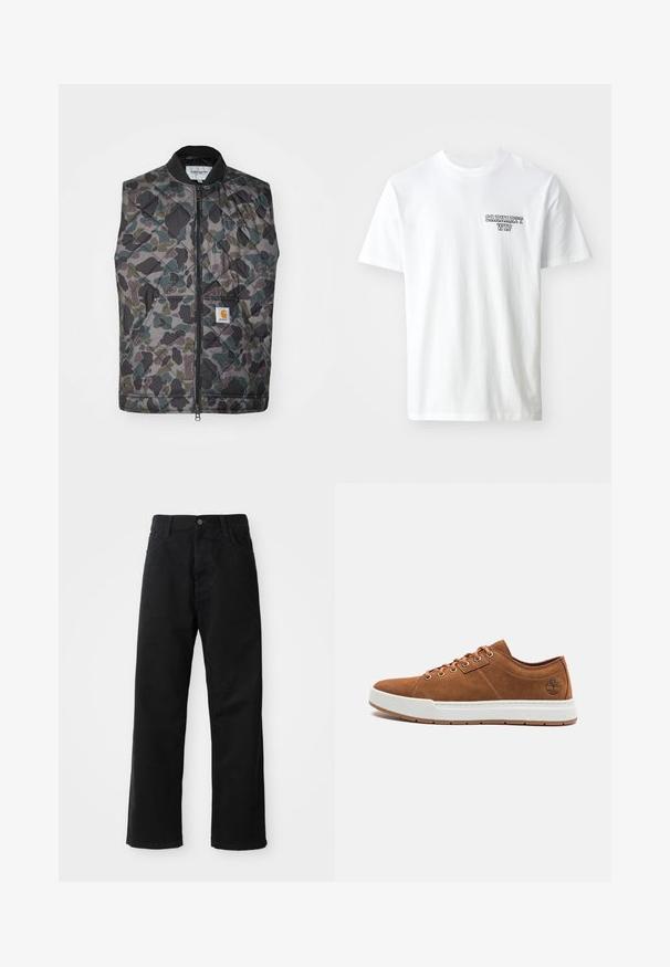 Quiltana jopica v kamuflažnem vzorcu z odtenki zelene, sive in črne. Vključuje sprednji zadrgo in logotip na žepu.; Bela bombažna majica s krojem okroglega izreza. Značilnost je majhen modri tekstovni logotip "CARHARTT WIP" na levi strani prsnega predela. Klasičen kroj, kratke rokave.; Črni kavbojki z ravnim krojem, ki imajo sprednje žepke, zadrgo in en zgornji gumb. Teksturovan material z mat zaključkom.; Rjavi nubuk tenisice z belo gumijasto podplatom, okroglo konico, šestimi kovinskimi očesci in embosiranim logotipom na stranski strani. Klasičen dizajn na vezalko.