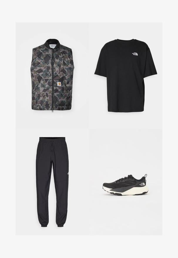 Gestepptes Weste im Camouflage-Muster mit Grüntönen, Grau und Schwarz. Enthält einen vorderen Reißverschluss und ein Logo-Patch auf der Tasche.; Schwarzes Baumwoll-T-Shirt mit rundem Halsausschnitt und kurzen Ärmeln. Mit weißem Logo auf der linken Brust. Schlichte, entspannte Passform.; Schwarze Sporthosen aus leichtem Stoff, mit einem Kordelzugbund, seitlichen Taschen und schmal zulaufenden Bündchen an den Knöcheln.; Schwarzer Sportschuh mit strukturiertem Mesh-Obermaterial, komplett schwarzen Akzenten und leichter weißer Laufsohle. Verfügt über eine Schnürung und eine Zuglasche.