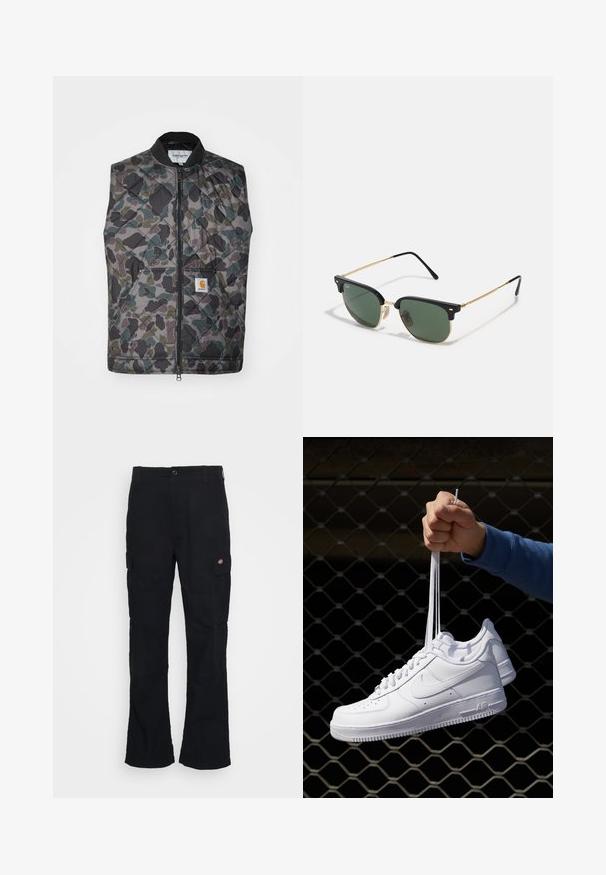 Gestepptes Weste im Camouflage-Muster mit Grüntönen, Grau und Schwarz. Enthält einen vorderen Reißverschluss und ein Logo-Patch auf der Tasche.; Schwarzes Langarm-T-Shirt aus weichem Stoff. Mit Rundhalsausschnitt und lässiger Passform. Nahtdetails an den Schultern, minimalistisches Design.; Schwarze Cargo-Hose mit geradem Bein, aus strapazierfähigem Stoff gefertigt, mit Seitentaschen und einem aufgenähten Logo auf der linken Seite.; Weiße Leder-Sneaker mit Perforationen, runder Zehenpartie, flacher Sohle und dicken Schnürsenkeln, mit sichtbar eingesticktem Swoosh-Logo und "AIR" an der Ferse.; Sonnenbrille mit grünen Gläsern, schwarzem Kunststoff-Oberrahmen, goldenen Metallelementen und schlanken schwarzen Bügeln. Hat ein markantes Brückendesign.