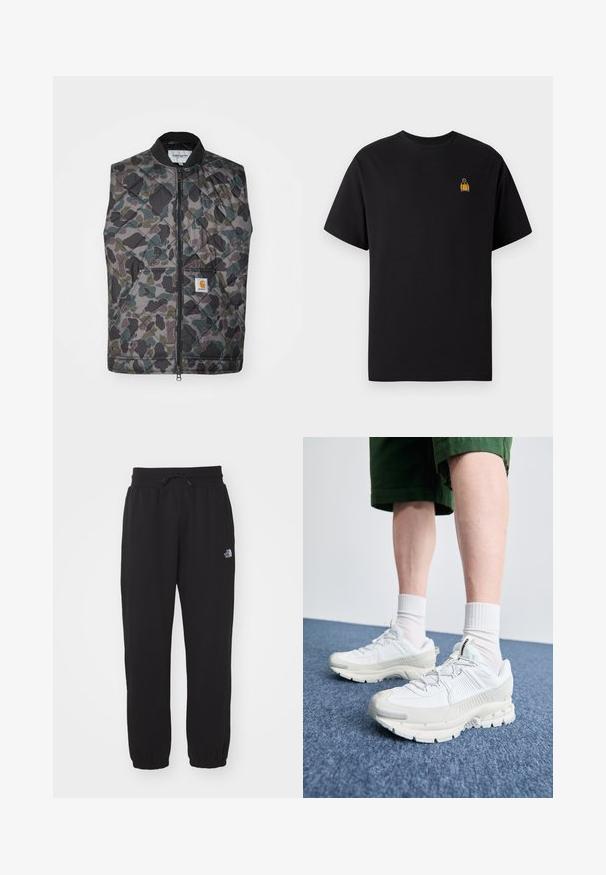 Kamaküllitatud vest kamuflaažimustris, kus on rohelise, halli ja musta tooni. Selles on ees lukuga ja taskul logopatch.; Must must-kotüürist t-särk lühikeste käistega, ümar kaelus ja väike kollane tikand vasakul rinnapiiril.; Mustad mustad, mis on valmistatud pehmest kangast, elastse vöökoha ja kinnitustrossiga, puhv-, pahkluuotsad ja väike logo ülemisel reitel.; Valged sportsijalatsid tekstuursete pealsete, kopsaka tallaga ja hallide aktsentidega. Kanda valgete lühikeste sokkidega ja roheliste lühikeste pükstega sinisel pinnal.