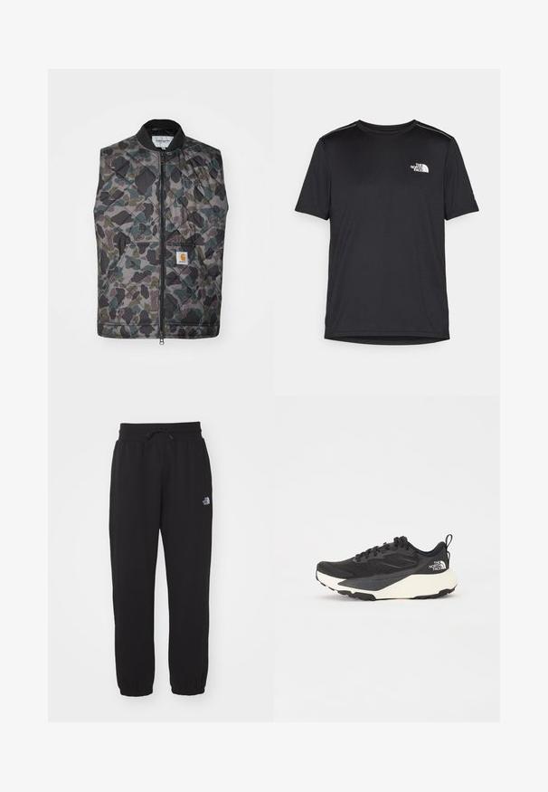 Vesta matlasată cu model de camuflaj, având nuanțe de verde, gri și negru. Include un fermoar frontal și o etichetă cu logo pe buzunar.; Tricou negru cu mânecă scurtă, realizat dintr-un material ușor. Prezintă un mic logo alb pe pieptul stâng și accente subtile pe umeri.; Pantaloni de trening negri dintr-un material moale, cu talie elastică și șnur, cu glezne strânse și un logo mic pe coapsa superioară.; Shoe sportiv negru cu superior din plasă texturată, accente negre solide și talpă ușoară albă. Dispune de închidere cu șireturi și mâner de prindere.