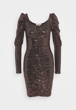 Glamorous - RUFFLE MINI DRESS WITH LONG SLEEVES AND V-NECK - Cocktailkleid/festliches Kleid - bronze